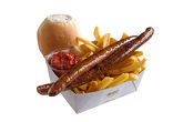 SAUSAGES IN MENU (2 pcs. sausages 60% pork / 40% veal with fried potatoes, homemade chutney, oven bake flat bread,